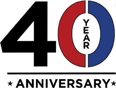 40 Year Anniversary. The four is black, the zero is red and blue with "year" in the middle of it