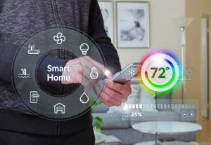 A man controlling a remote with the smart home controls magnified and a rainbow circle showing the temperature as 72 degrees
