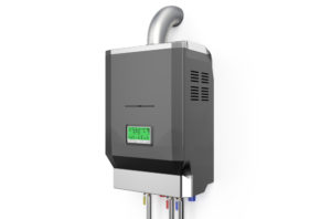 A gray tankless water heater